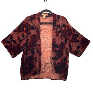 Velvet Burnout Kimono Top Burgundy Red XS‎